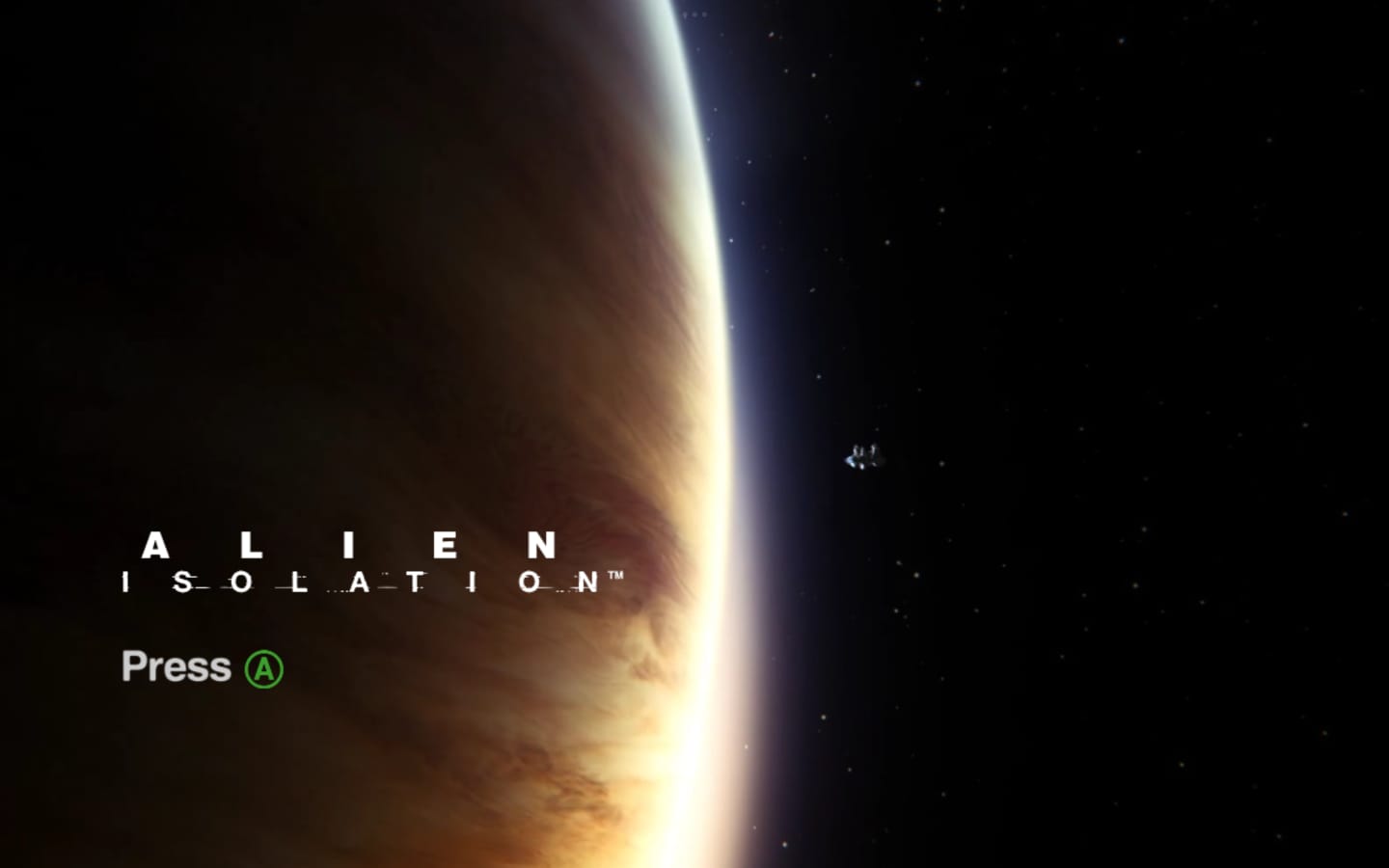 Pantalla de inicio de Alien: Isolation con un planeta oscuro y la opción Press A.