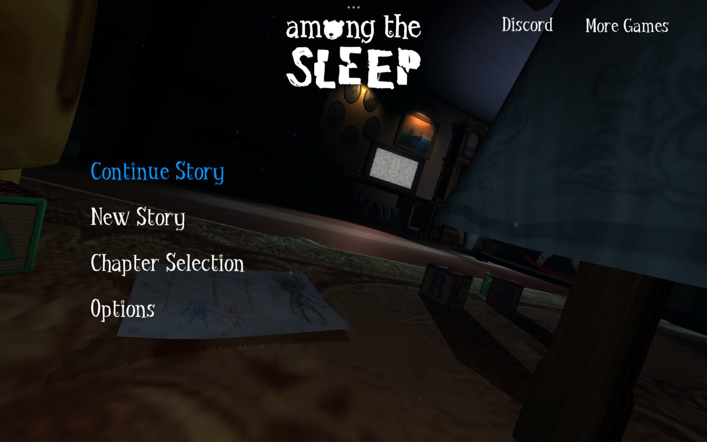 Pantalla principal de Among the Sleep en inglés con Continue Story, New Story y Options.