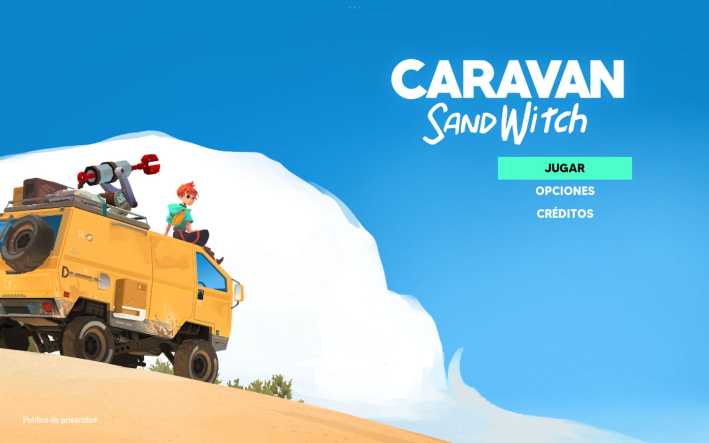 Captura de Caravan SandWitch: pantalla de inicio en español con una caravana amarilla en un paisaje abierto.