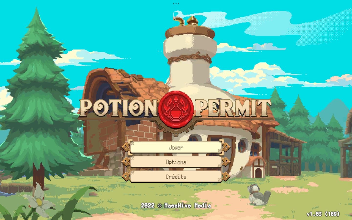 Pantalla inicial de Potion Permit en francés, con las opciones Jouer, Options y Crédits.