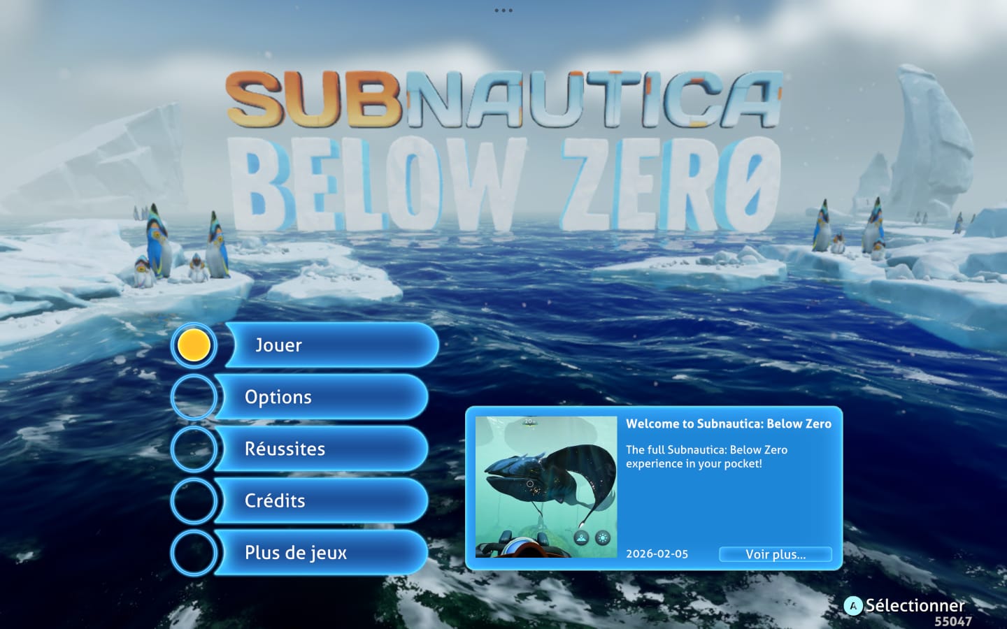 Pantalla de inicio de Subnautica: Below Zero en francés, con el menú Jouer, Options y Réussites sobre un océano polar.