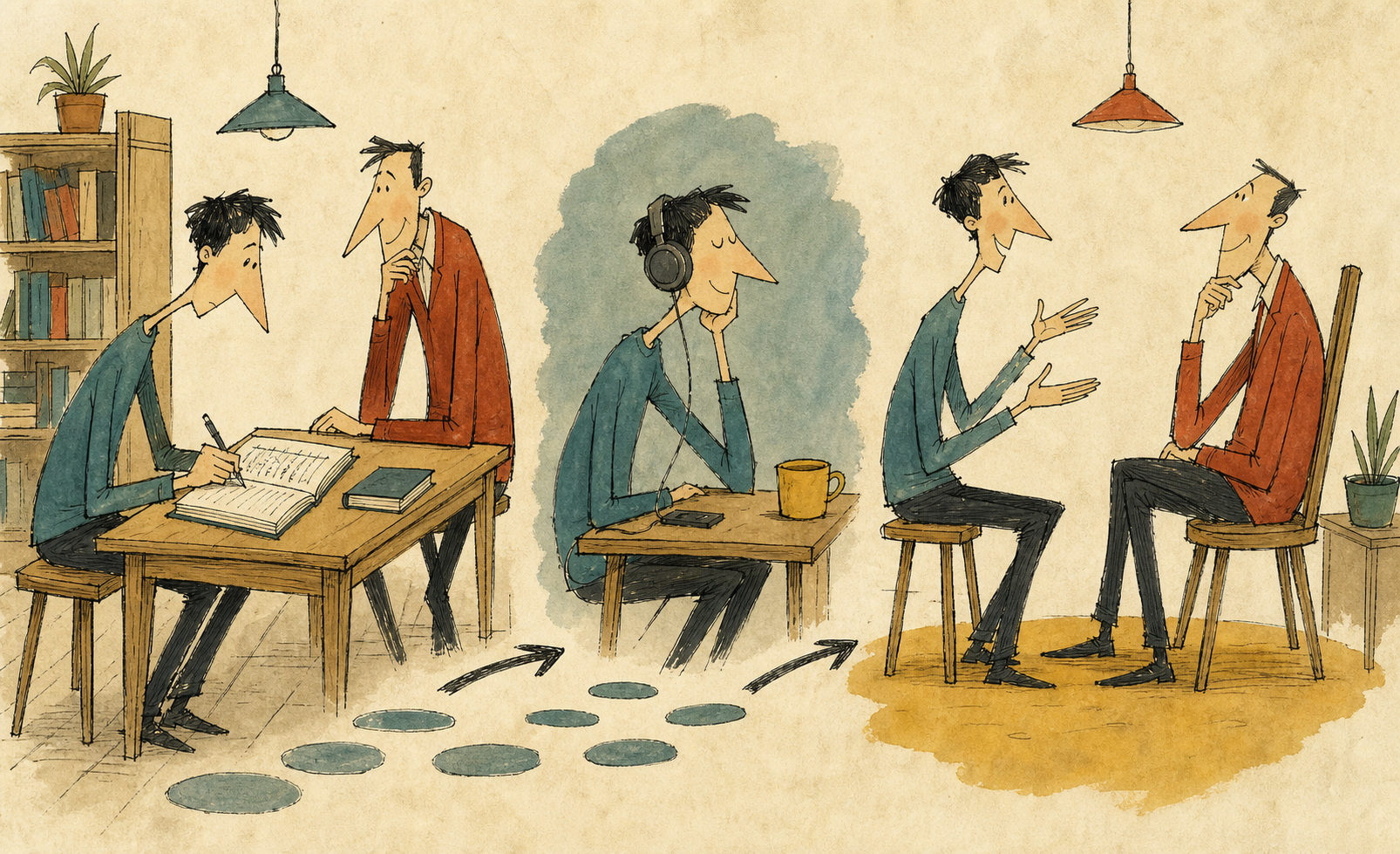 Un estudiante avanza de la gramática a la escucha y la conversación.