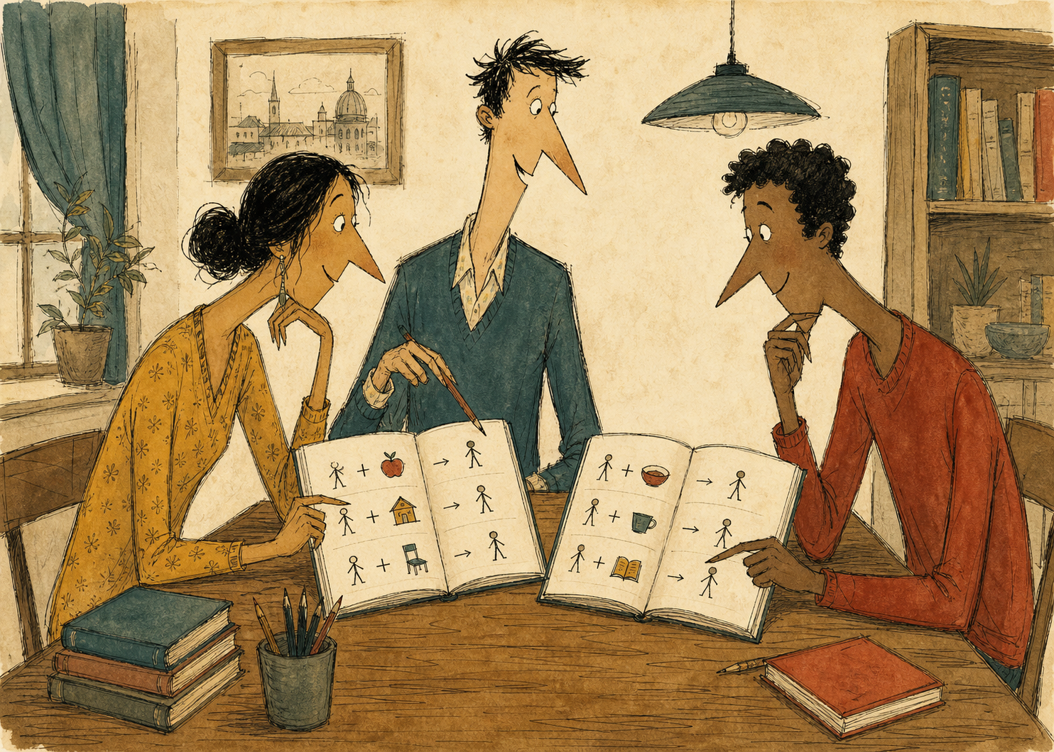 Un profesor y dos estudiantes relacionan conceptos entre idiomas.