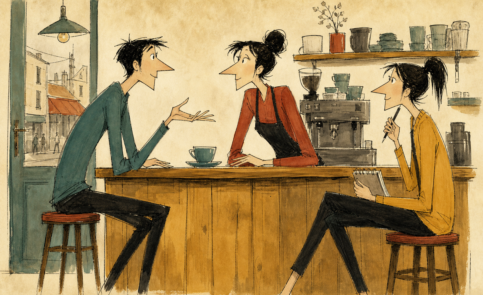 Dos estudiantes practican una conversación cotidiana en una cafetería.